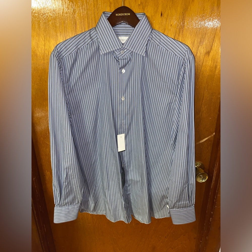 Ermenegildo Zegna Men’s Button Front Shirt in Blue stripe NWT